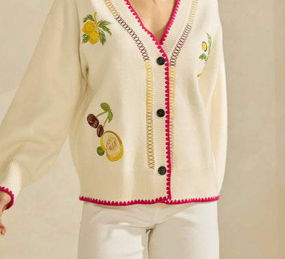 Able Embroidered V-Neck Cardigan - Cream/Red