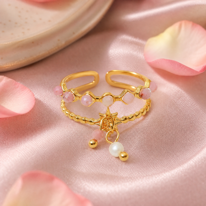 Gold Plated Beaded Star Charm Adjustable Double Ring
