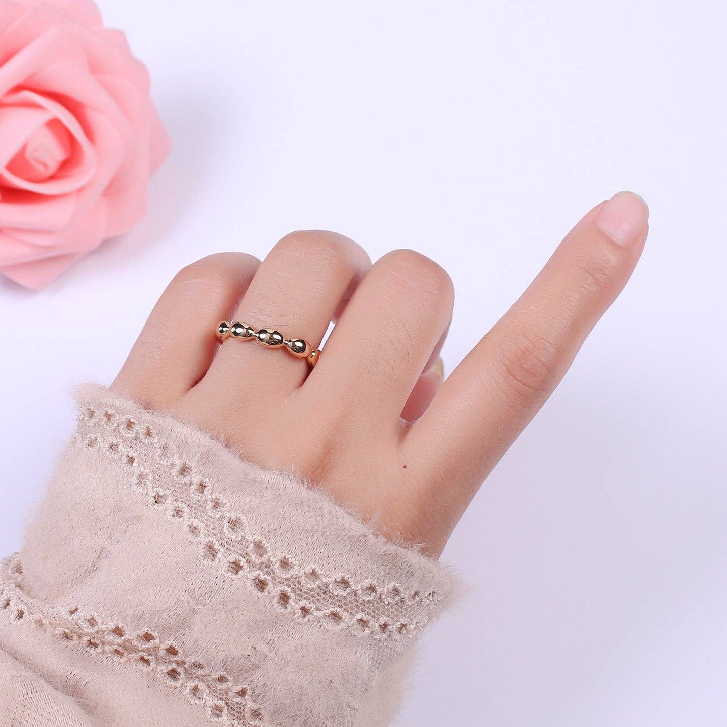 Dainty Beaded Adjustable Ring - 18k Gold Filled