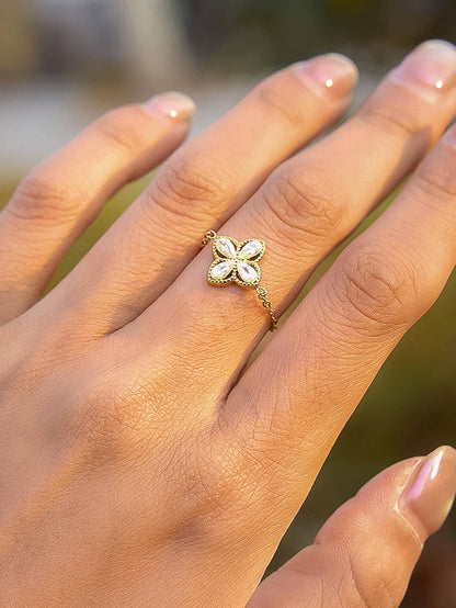 FM Lelandi CZ Floral Adjustable Chain Ring - 18K Gold Plated