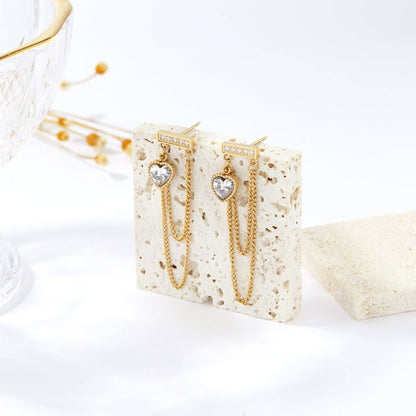 RB CZ Heart Chain Dangle Drop Earrings - 18K Gold Plated