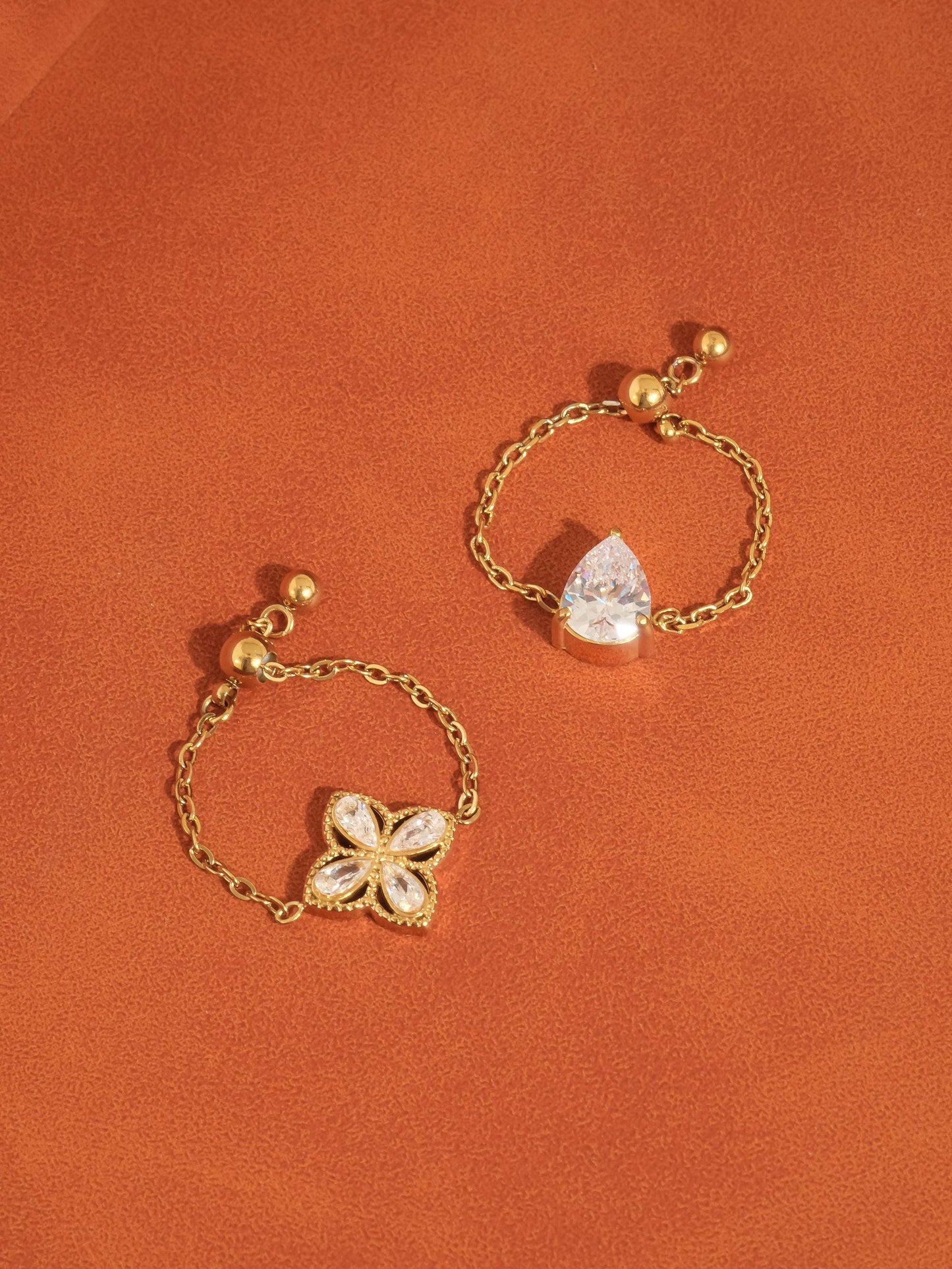 FM Lelandi CZ Floral Adjustable Chain Ring - 18K Gold Plated
