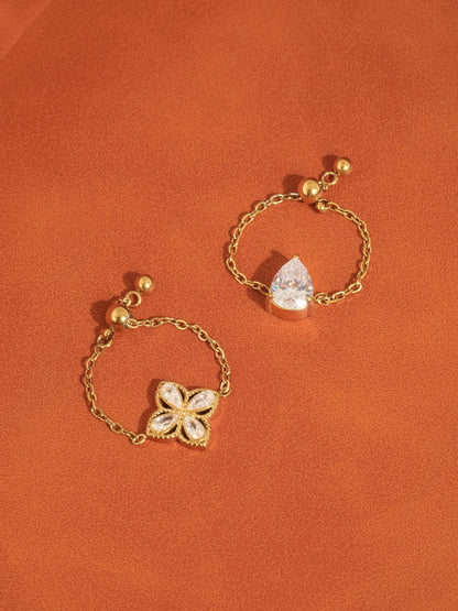 FM Lelandi CZ Floral Adjustable Chain Ring - 18K Gold Plated