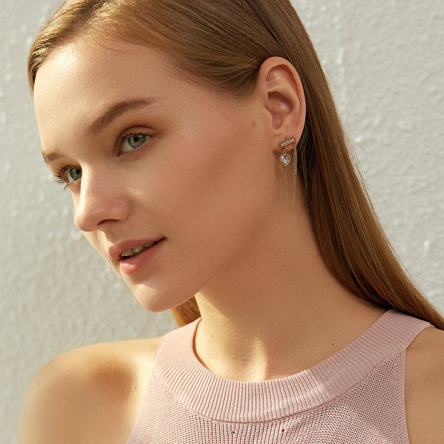 RB CZ Heart Chain Dangle Drop Earrings - 18K Gold Plated