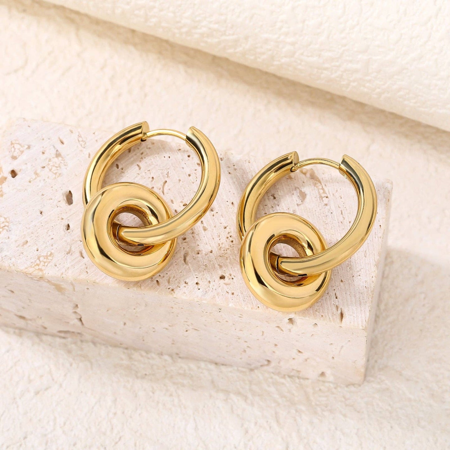 RB Pendant Drop Hoop Huggie Earrings - 18K Gold Plated