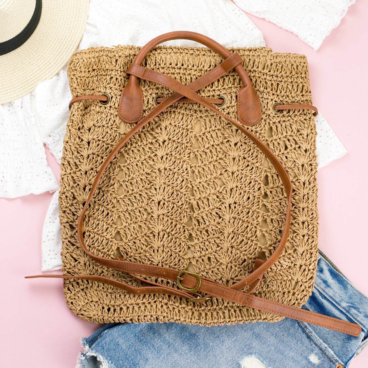 AC Woven Straw Backpack